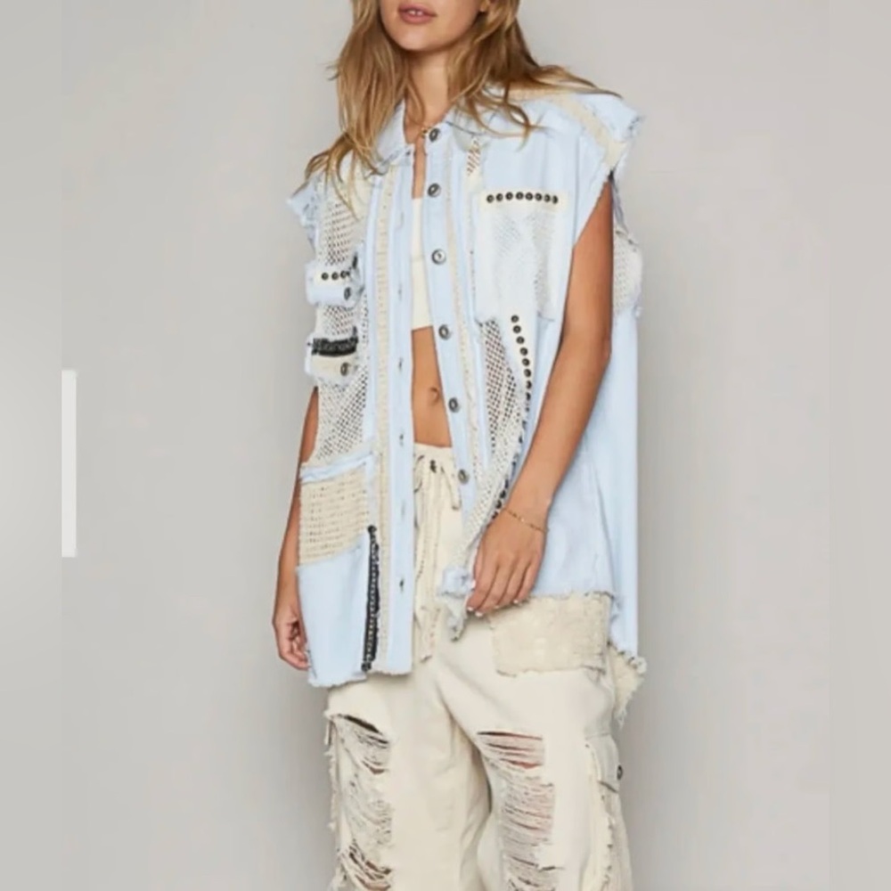POL Distressed Studded Denim Vest